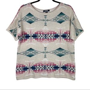 Chaps Sweater Top Aztec Southwestern Short Sleeve Linen Blend Western Women